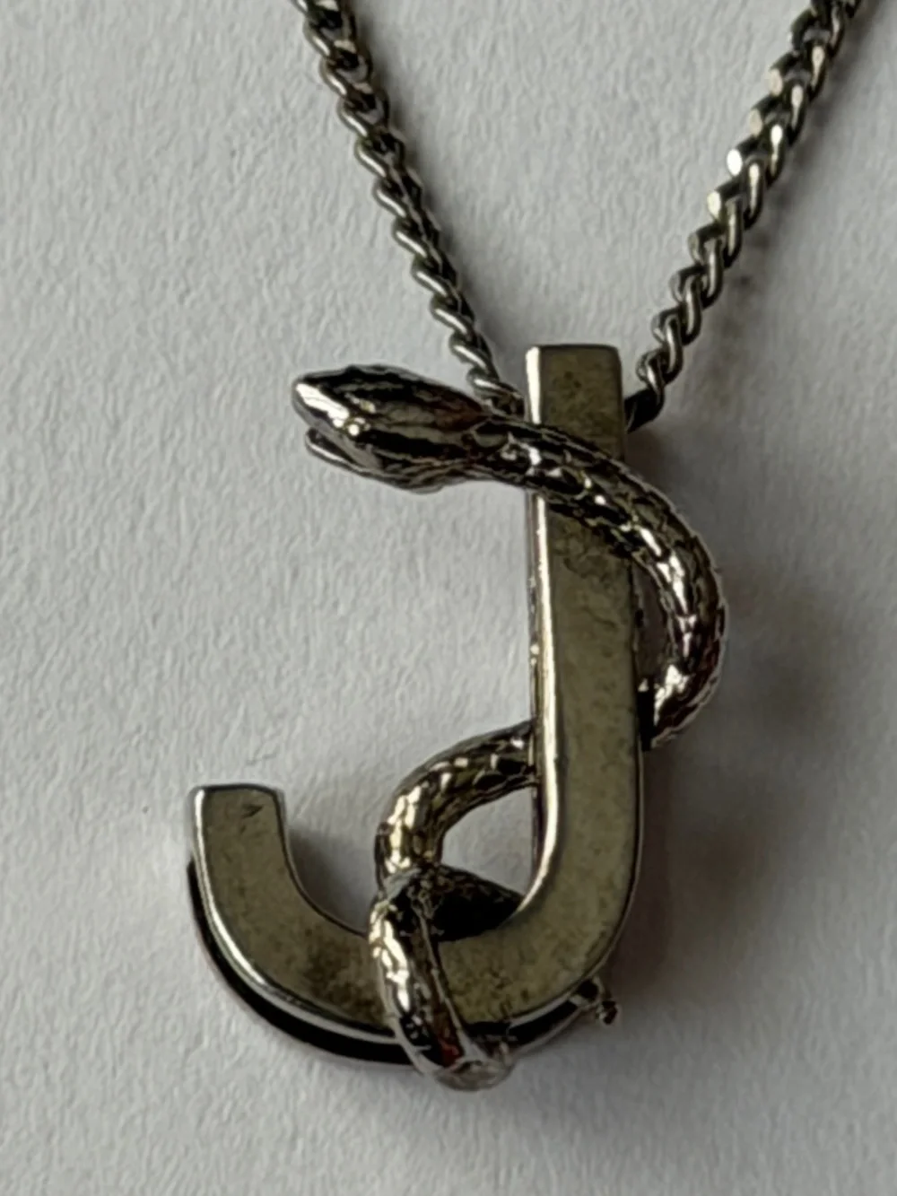 Saint Laurent YSL Sterling Silver J Initial Letter Snake Pendant Chain Necklace